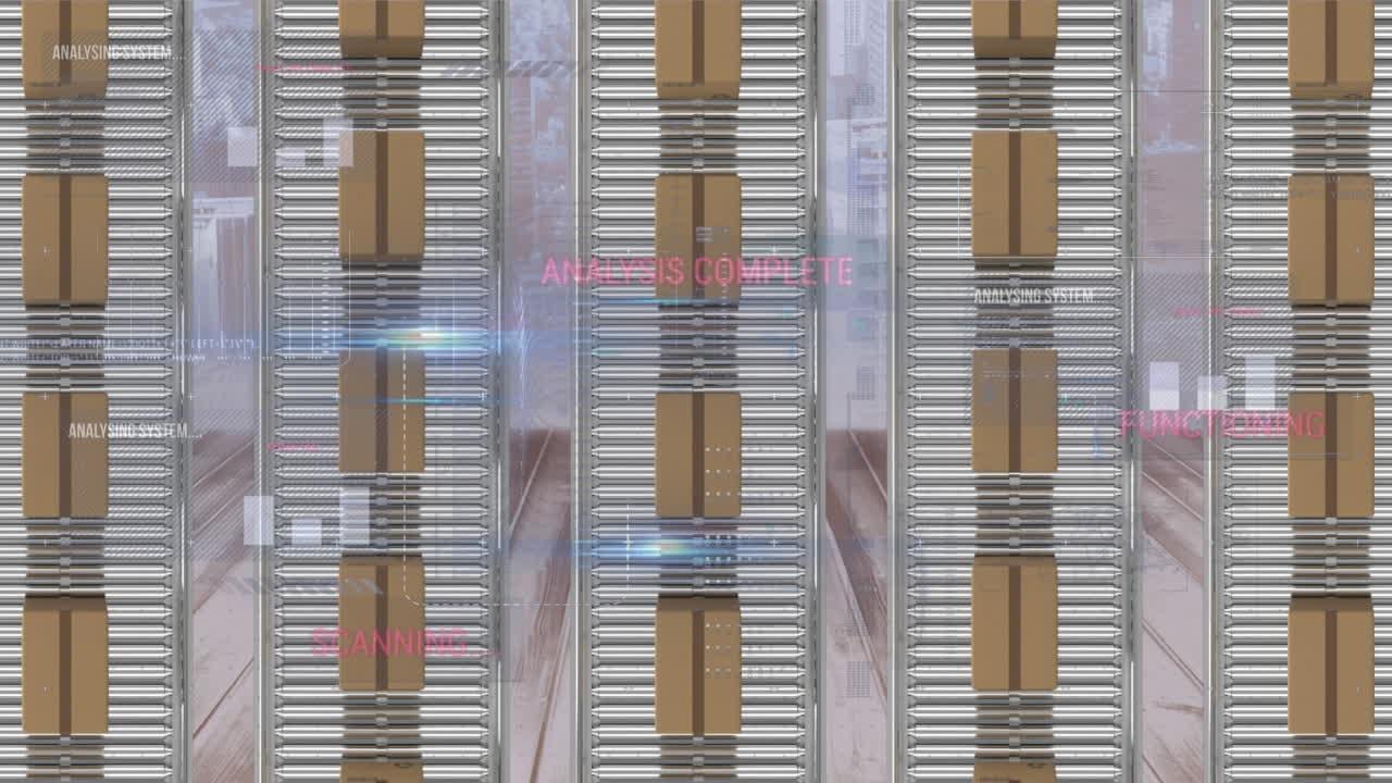 interfaz digital con procesamiento de datos frente a la vista aérea de las cajas de entrega en la cinta transportadora