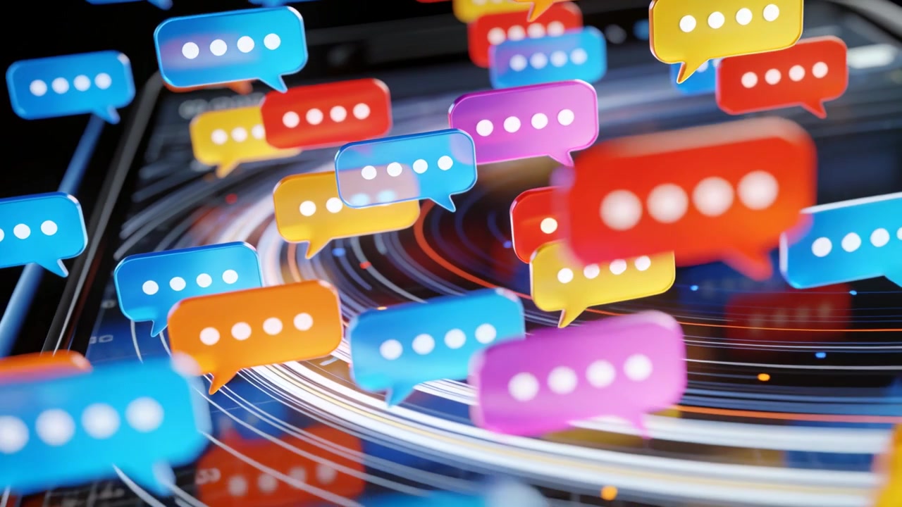 Telecamera in movimento che spinge in avanti bolle di chat colorate su un dispositivo touchscreen, mostrando una conversazione attiva.