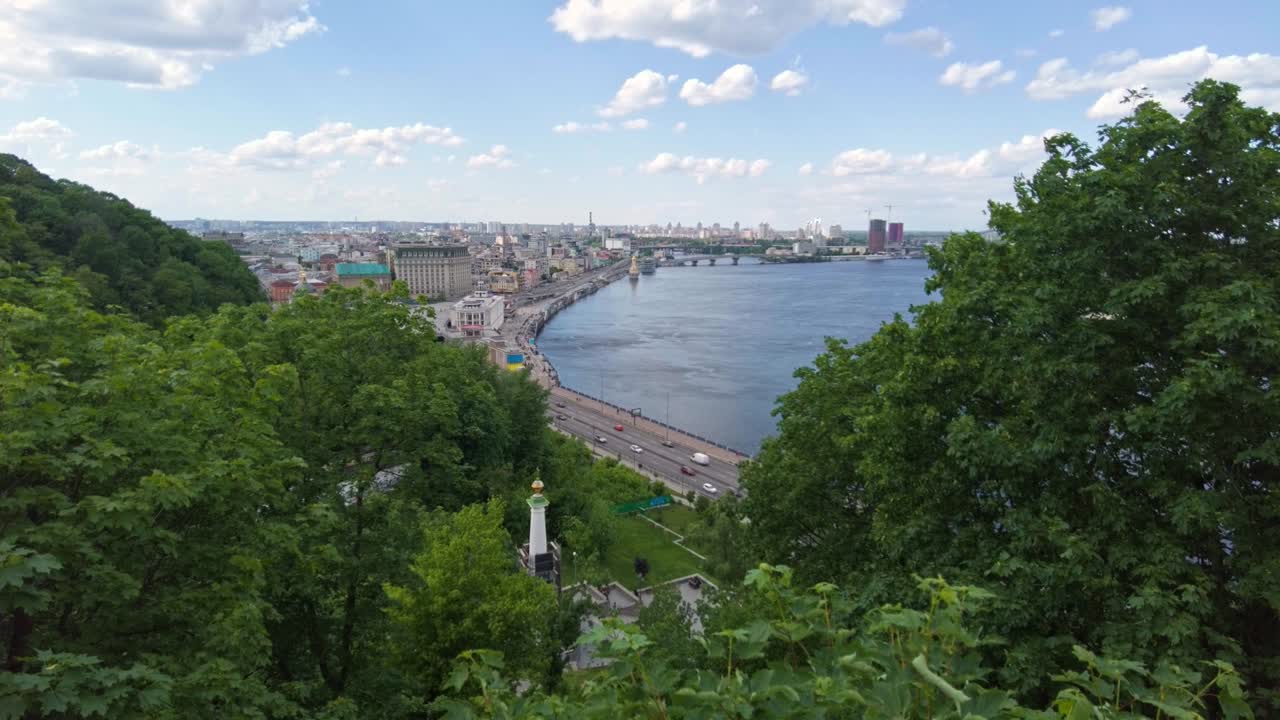 Kiev cityscape on the old part of the city called Podol and the Dnieper River.