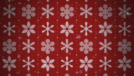 Animación-Del-Patrón-De-Copos-De-Nieve-Navideños-En-Fondo-Rojo