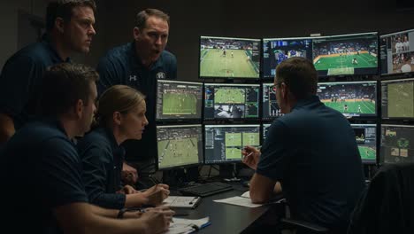team analyzing game footage in control room: coaches and analysts reviewing strategy on multiple monitors during a critical sports event
