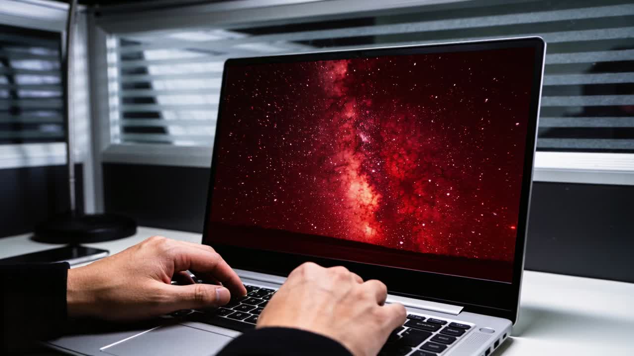 Användare med händerna på tangentbordet arbetar och skriver på en laptop på kontoret, med en röd nebulosaskärm och mörka ärmar.