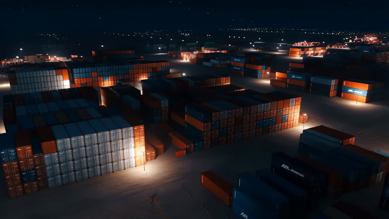 Night View of a Busy Container Yard with Stacks of Shipping Containers