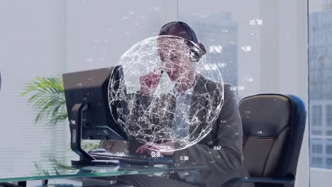 Animation-of-globe-with-network-of-connections-over-caucasian-businesswoman-wearing-phone-headset