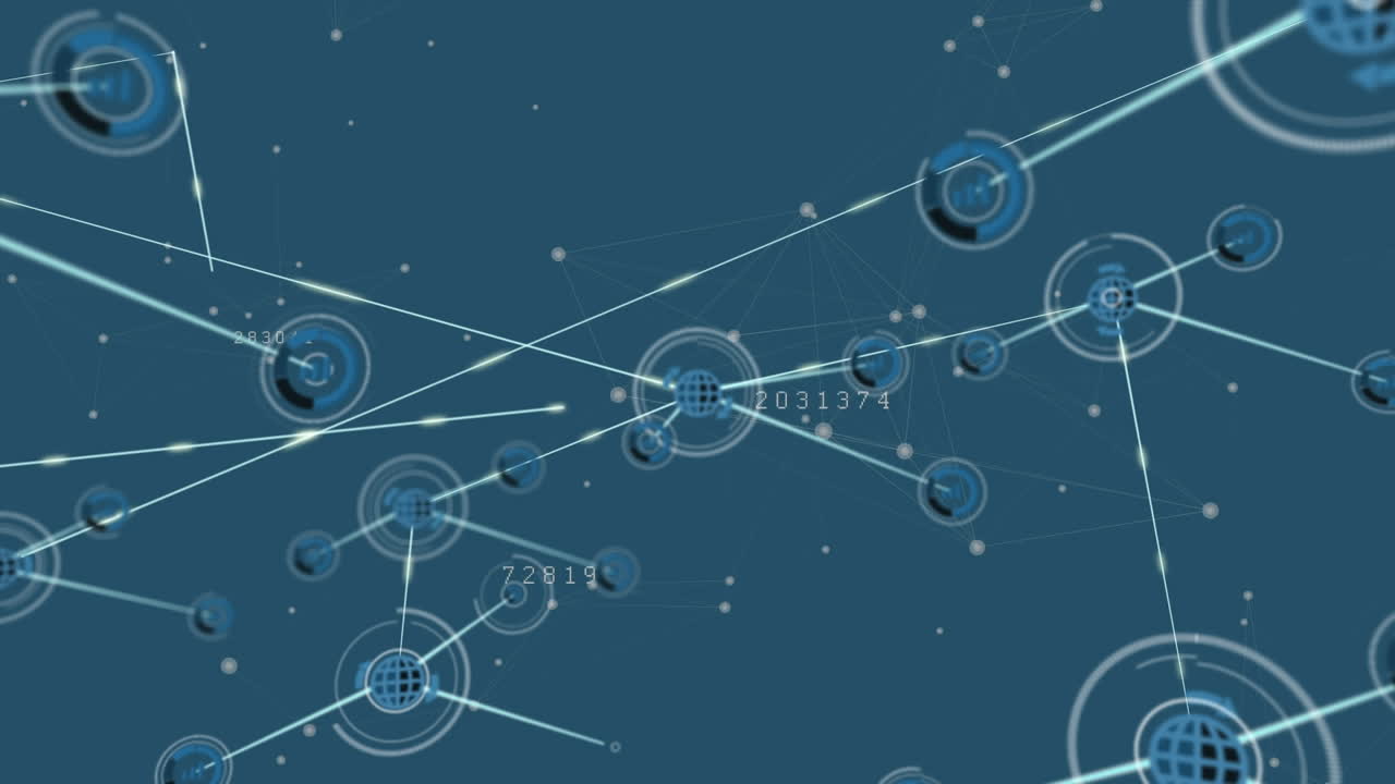 파란색 배경에 선과 증가하는 숫자로 연결된 지구상 아이콘과 점의 애니메이션