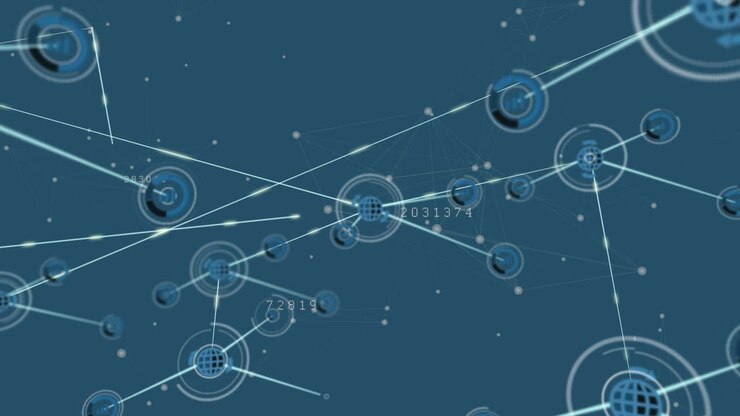 Animazione di icone del globo e punti connessi con linee e numeri crescenti su sfondo blu