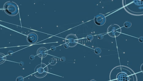 animación de iconos de globos y puntos conectados con líneas y números crecientes sobre fondo azul