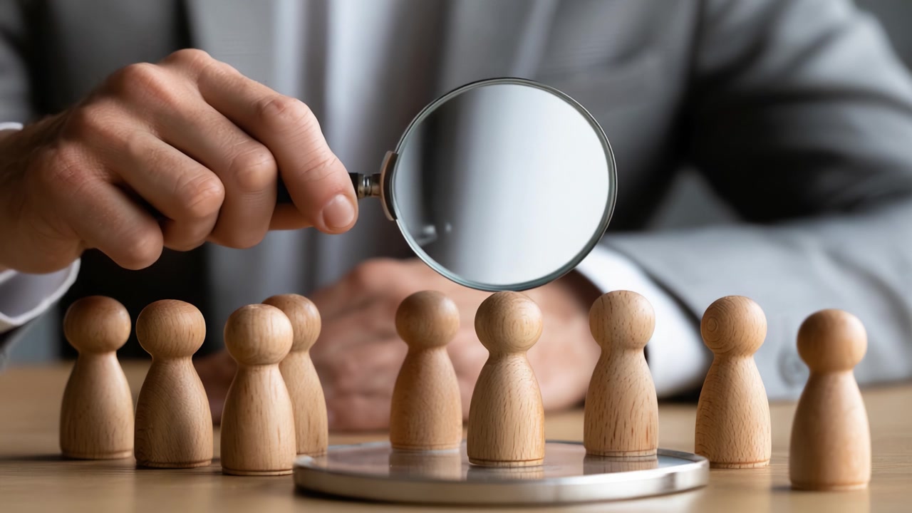 Uma Perspectiva Analítica sobre a Tomada de Decisão Moderna: Um Indivíduo Usando uma Lupa para Analisar Estatuetas de Madeira Representando Sujeitos de Estudo Únicos