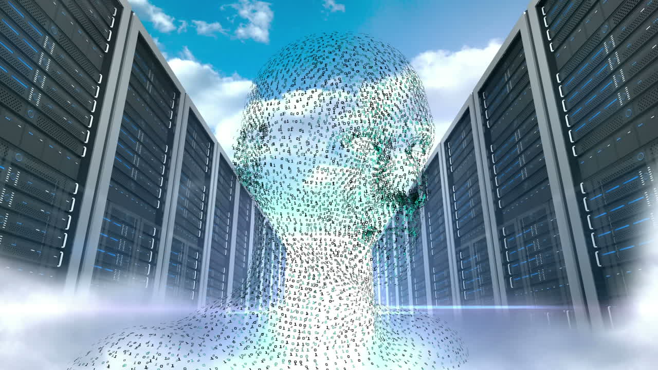 Animation of digital human head over computer processors with the sky in the background