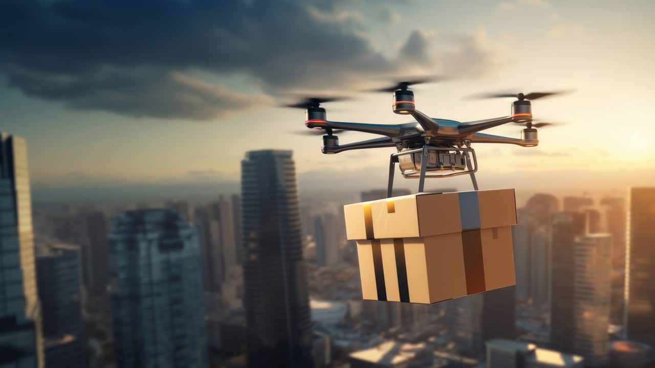 Aerial video concept of a drone delivering a package over a cityscape at sunset