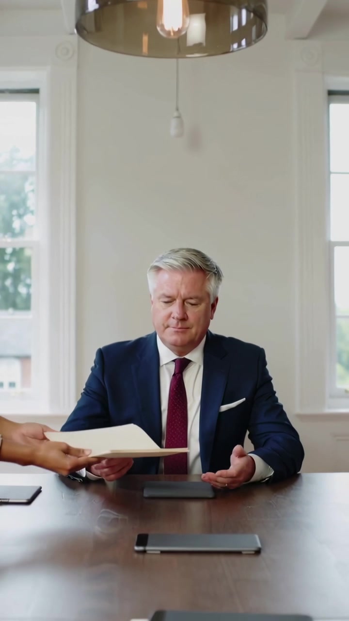 Vertical video: Receiving man in suit taking folder at table for review, assistant approaching left