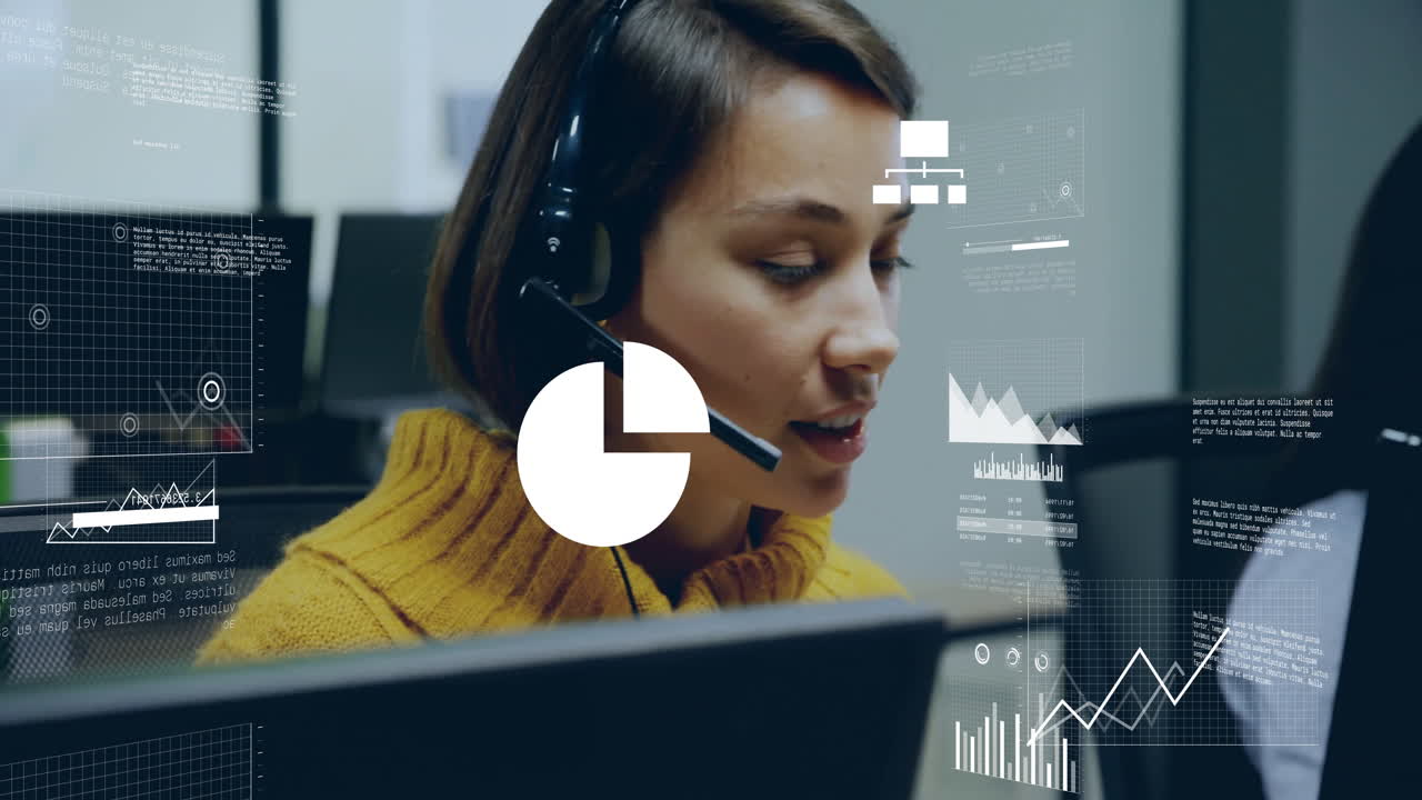 Using headset, customer service representative with animation of data analytics graphics