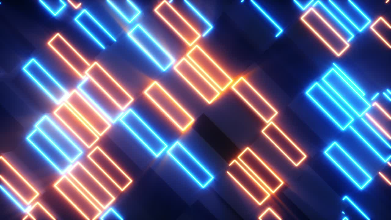 estructura de movimiento abstracto brillante de rectángulos con elementos de neón. luz brillante. espectro de color azul naranja moderno. bucle sin costuras 3d render