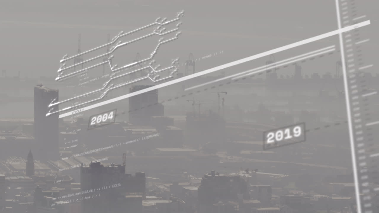 animación del procesamiento de datos financieros sobre el paisaje urbano