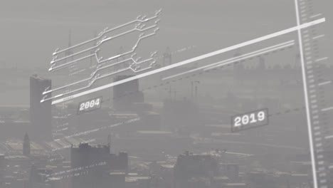 animation of financial data processing over cityscape