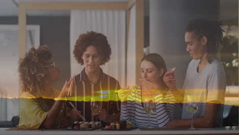 animación de la puesta de sol sobre varios amigos comiendo sushi.