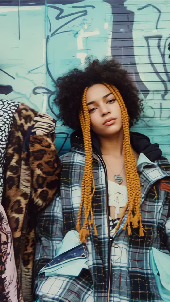 Vertical video: Teen model tilting head posing in plaid jacket on sidewalk before graffiti shutter