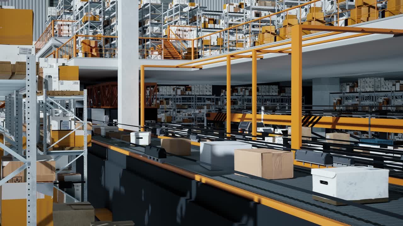 Loop Transmitting Of Packaging Box On The Conveyor Belt, 3D Rendering. Cardboard Boxes In A Large Scale Smart Distribution Warehouse, Production Line