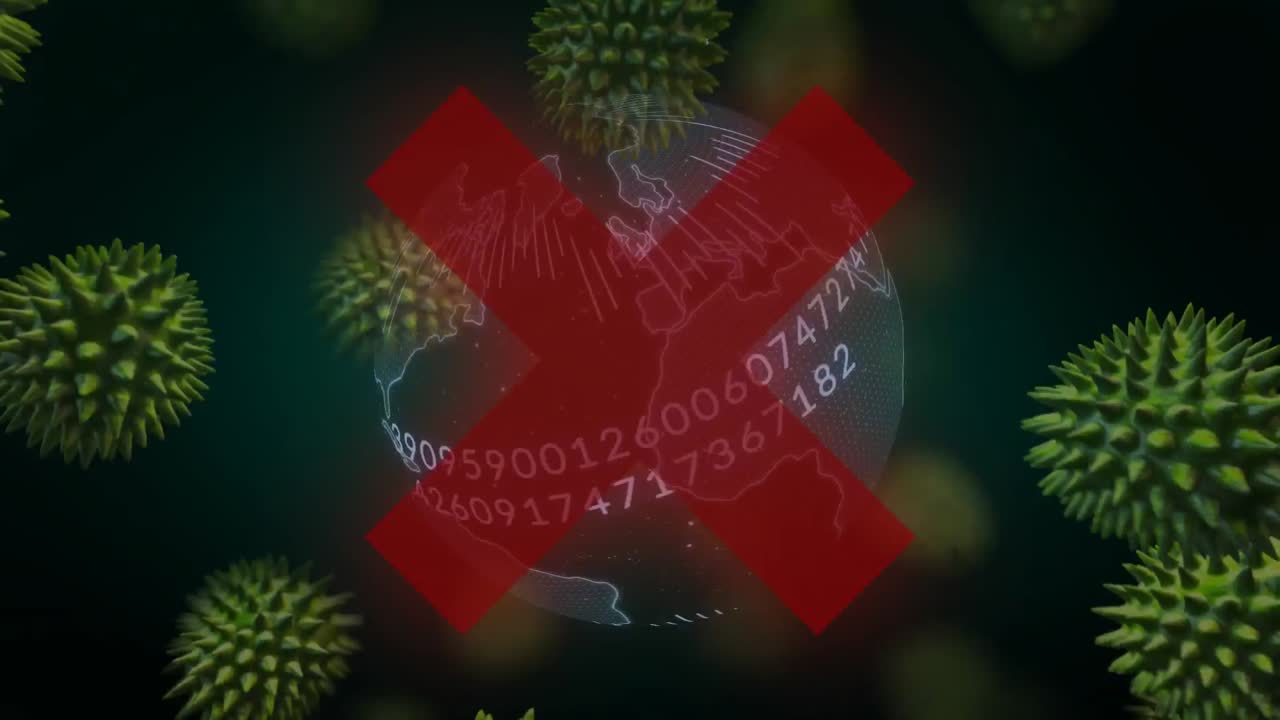 animación de cruce sobre el globo con células de coronavirus que se propagan en el fondo.