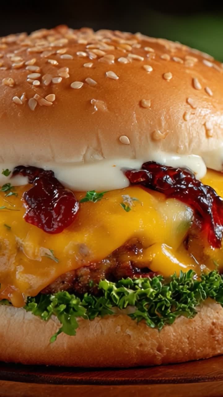 Ein appetitliches Close-up von einem saftigen Cheeseburger, der vor Geschmack nur so strotzt, belegt mit reichhaltigem Cheddar, knackigem Grünzeug und einer herrlichen Saucenmischung