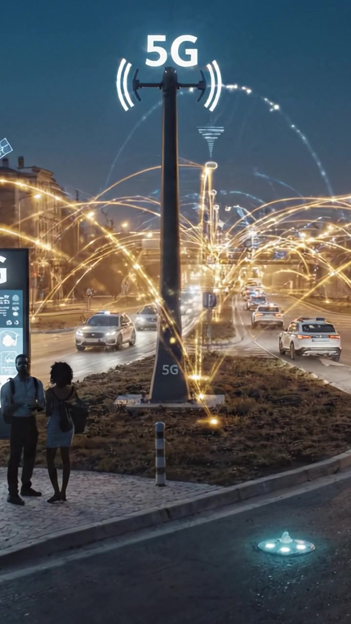 Modern Urban Scene Showcasing 5G Technology: A Nighttime View of a Street with Traffic and a 5G Tower Highlighting Connectivity Innovation