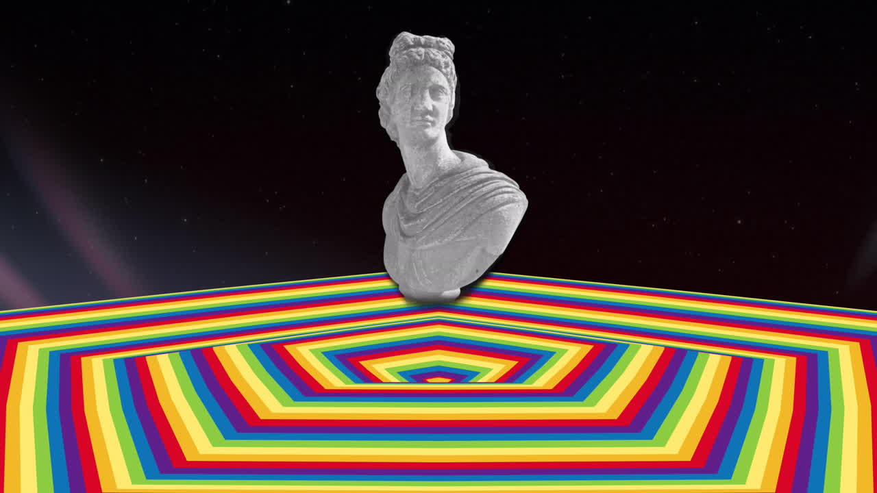 어두운 배경으로 움직이는 색의 육각형 표면 위에 동상의 애니메이션