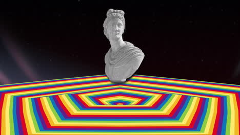 animación de la estatua sobre una superficie hexagonal de color en movimiento con fondo oscuro