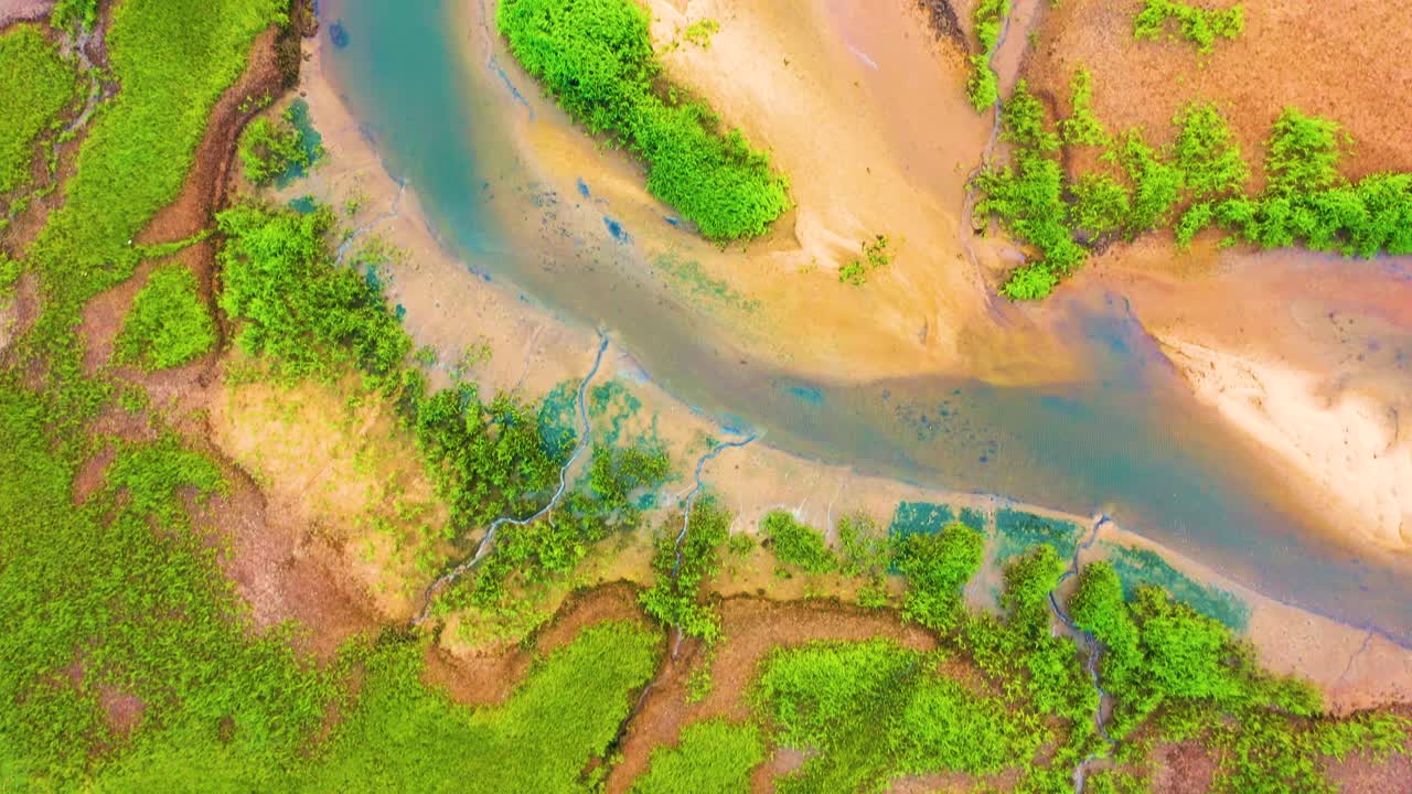 Overhead drone view of marshland highlights twisting blue creeks, lush green vegetation, and sandy textures, blending together in a striking and organic natural design