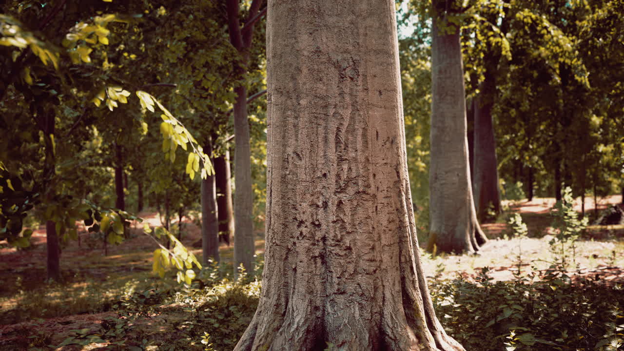 Last light of day entering old forest just rain after