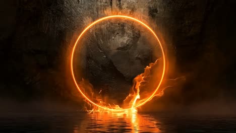 a circle of fire in the middle of a dark cave