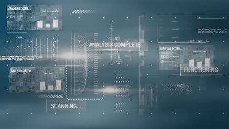 animation of graphs, loading bars, texts, computer language, lens flares against abstract background