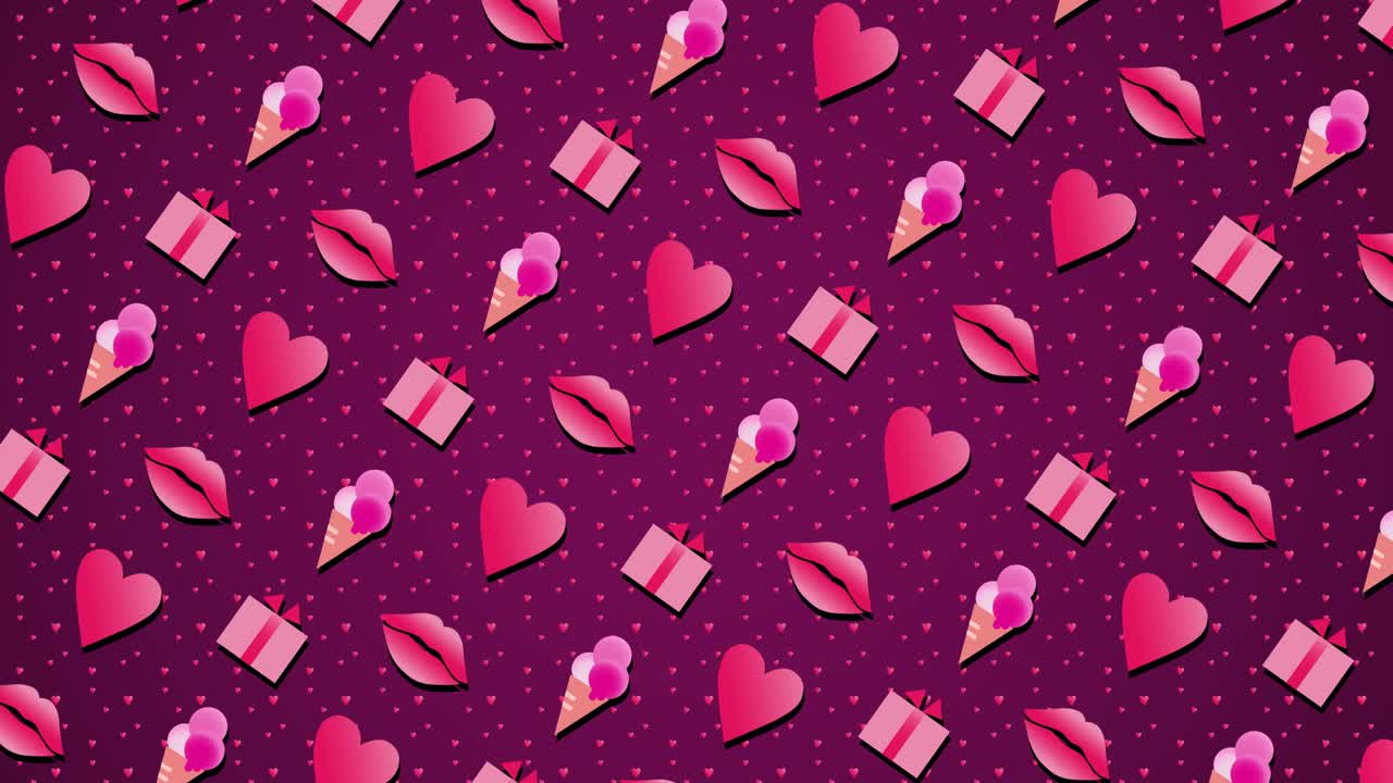 Valentine's day seamless looping background with moving gift boxes, hearts, lips, ice cream. Motion Graphic 4K UHD video. Trendy flat design looped Romance shape animation.