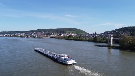 cargo ferry barge travels upstream exploring with commuters bingen, aerial tracking