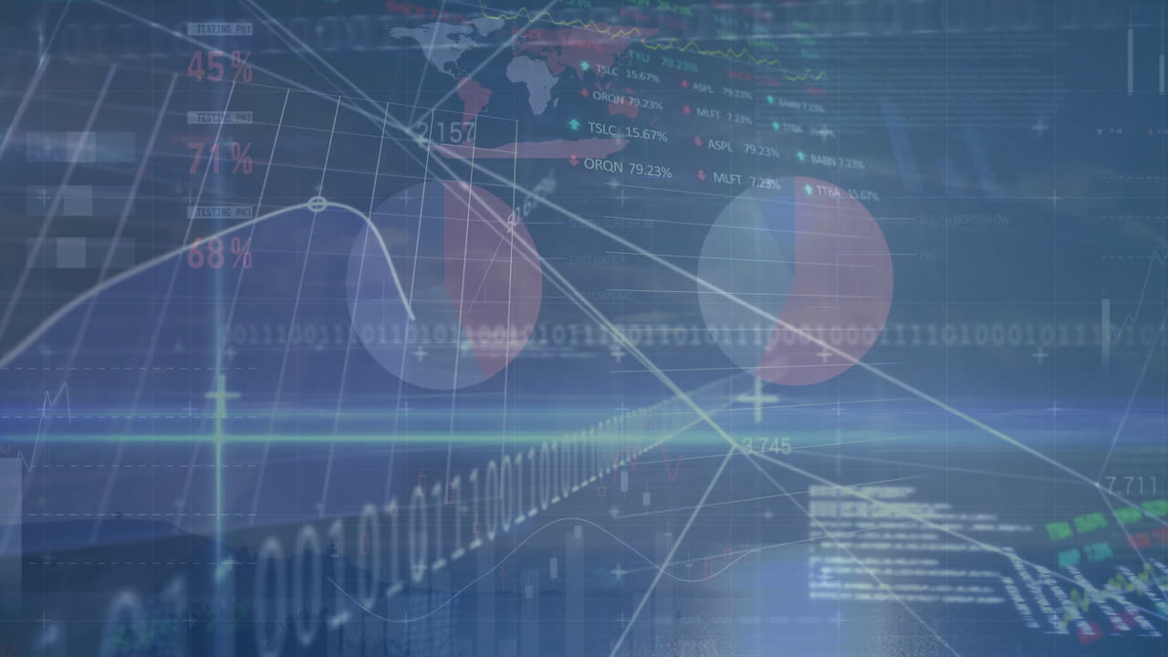 Data visualization being animated on grid, displaying pie and line charts, binary stream and ticker