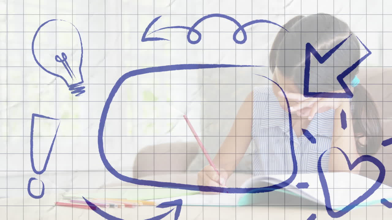 animación de burbuja de habla con iconos en papel cuadrado sobre escolar en clase