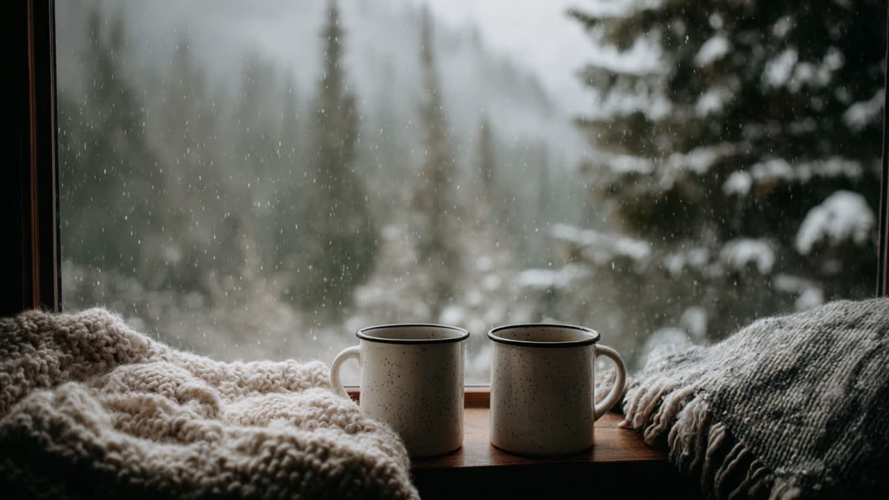 Scena invernale accogliente con tazze calde e tessuti morbidi vicino a una finestra innevata con una splendida vista sulla foresta sullo sfondo.