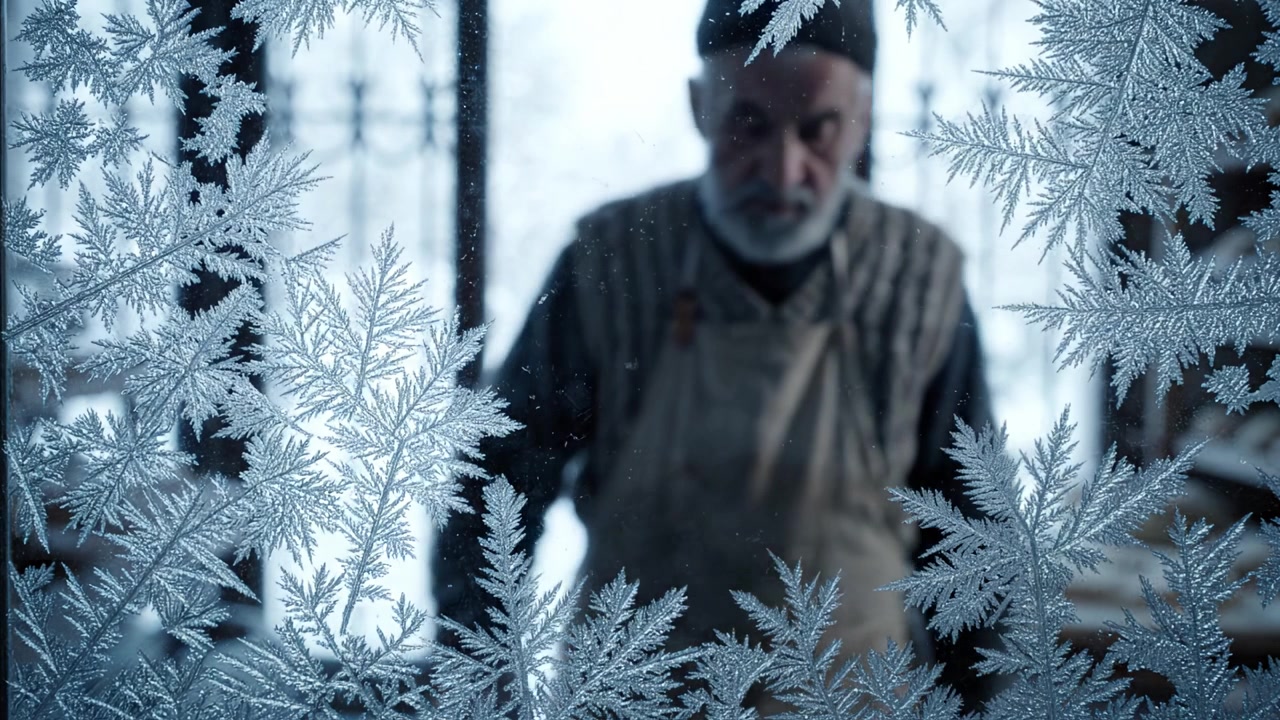 Eine Winterszene durch gefrostetes Glas: Ein älterer Handwerker konzentriert sich auf sein Handwerk inmitten einer verschneiten Landschaft, was Nostalgie und Gelassenheit in einer kalten Atmosphäre hervorruft.