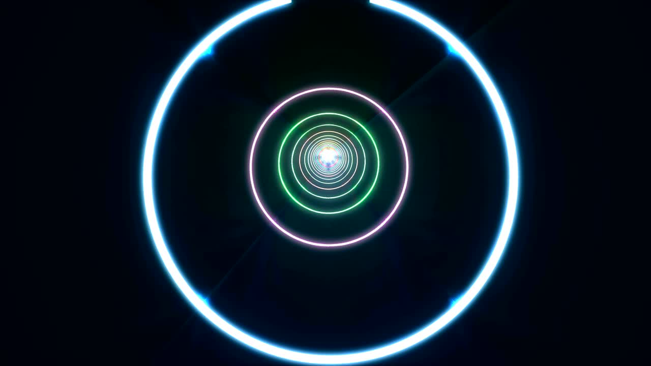 ilustración abstracta moderna con túnel de círculo de neón de color en fondo azul para el diseño de juegos. fondo gráfico abstracto. elemento gráfico. 4k