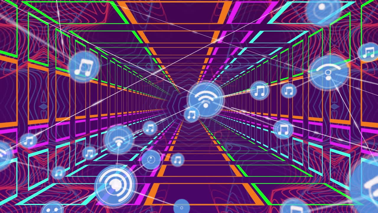 Animation of network of digital icons over colorful tunnel in seamless pattern on purple background