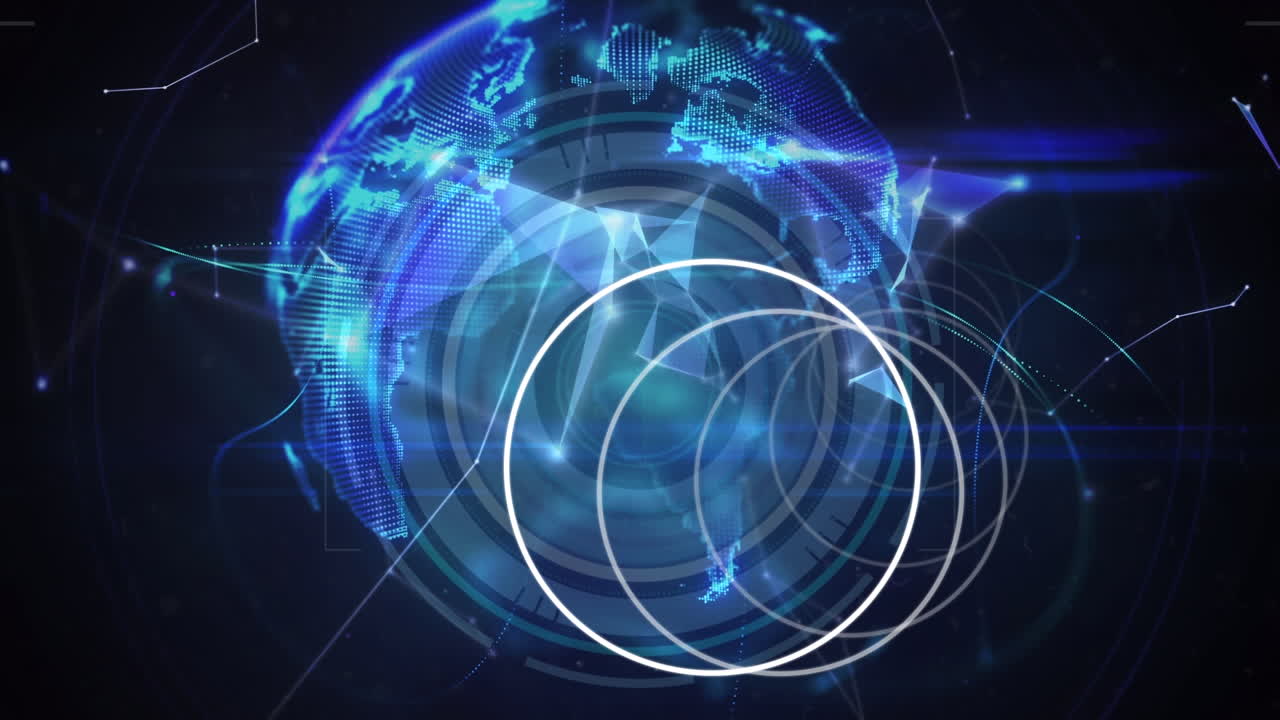 검은 바탕에 지구 위에서 회전하는 원과 연결의 애니메이션