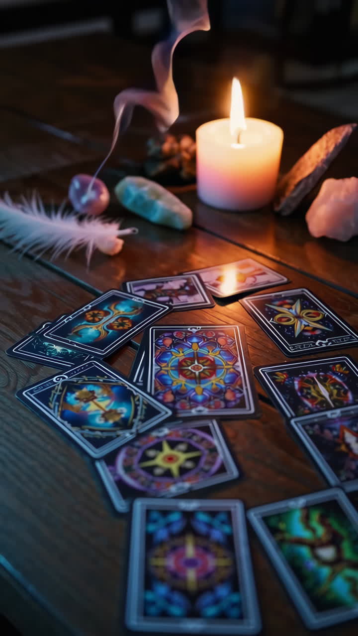 Tarot Cards, Candle, and Crystals on Wooden Table