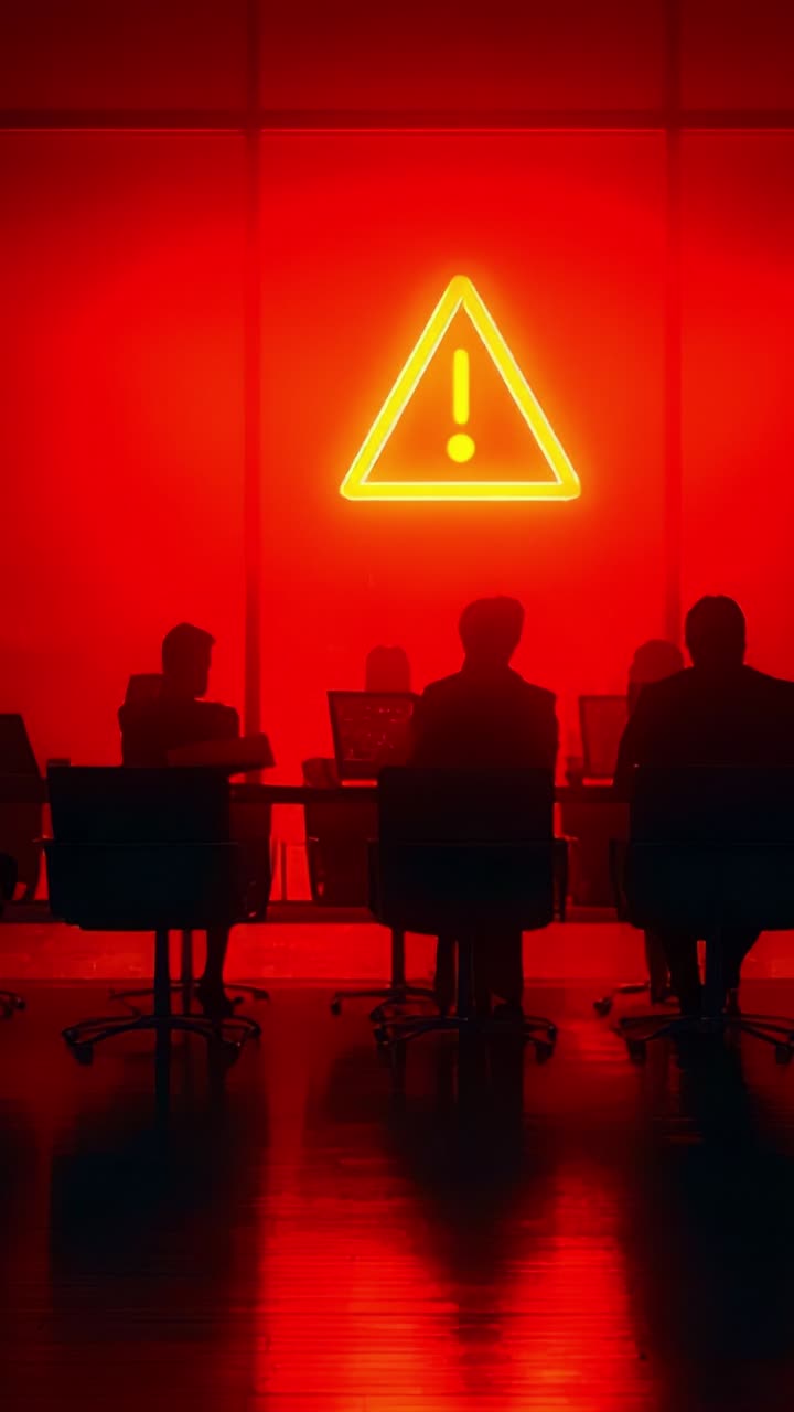 Silhouetted figures in a conference room facing a striking neon warning symbol, symbolizing alertness and critical decision-making in a high-stakes environment