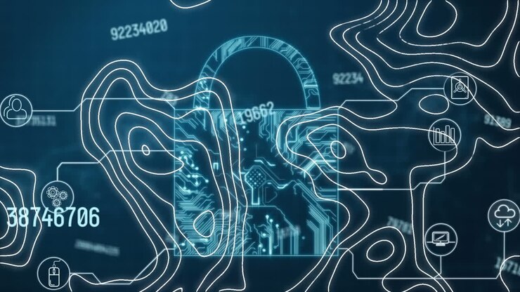 Animation of padlock and shapes on blue background