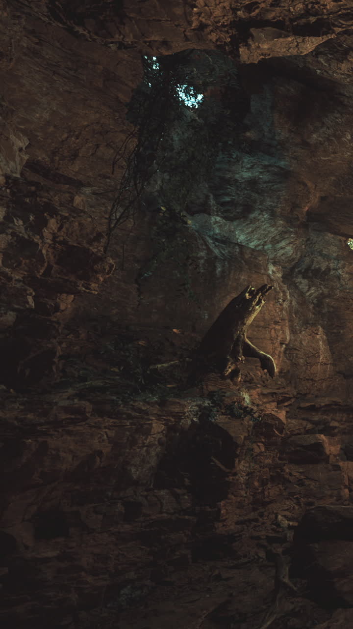 Esplorazione di grotta buia con strutture rocciose e natura di notte.