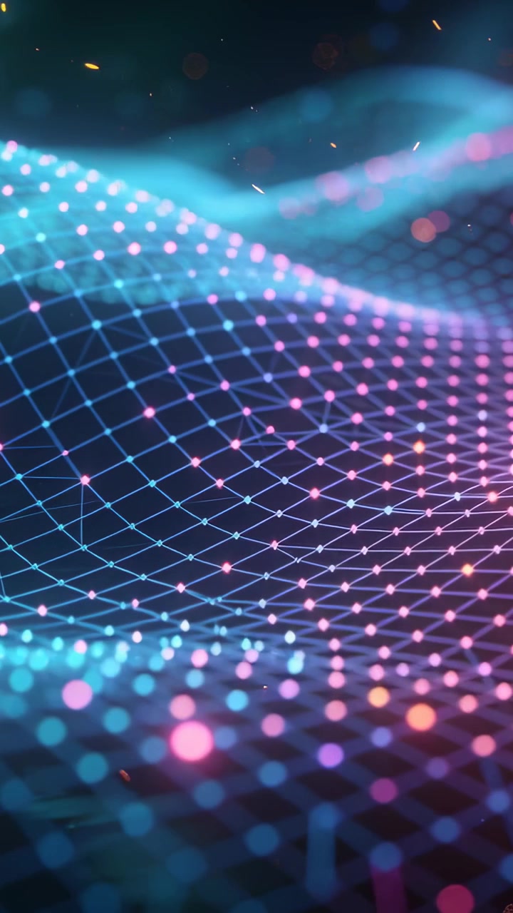 Vertical video: Frames cue luminous mesh rippling in digital space, suggesting data flow via nodes