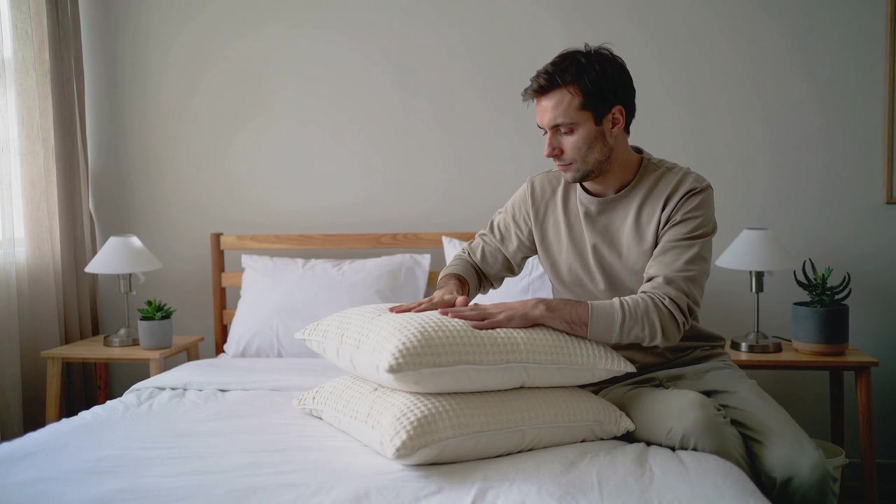 Lifting cream pillow, man stacking, smoothing pillows on bed wearing khaki sweater, preparing bed