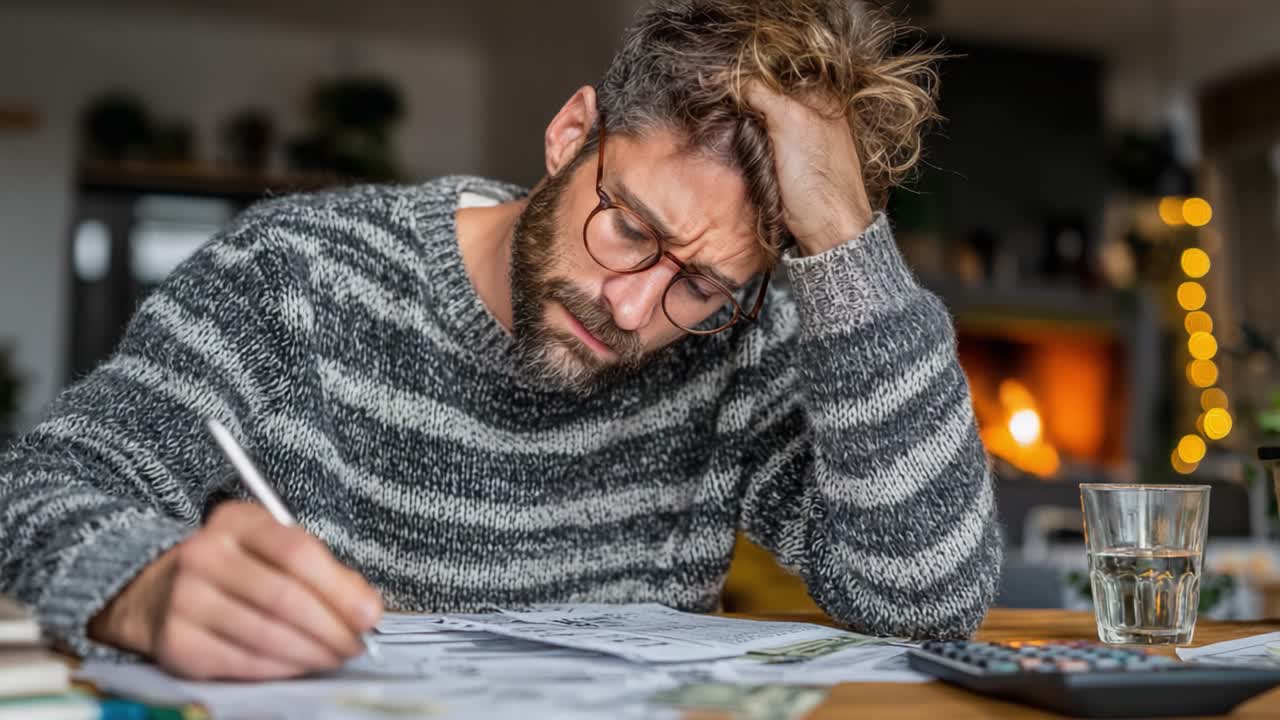 Frustrated Young Man Struggles with Financial Papers, Highlighting the Stress of Managing Budgets and Expenses in a Cozy Domestic Setting