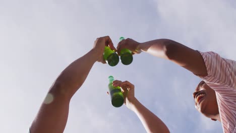 hands of diverse friends making toast with bottles of beer in the sun at outdoor party