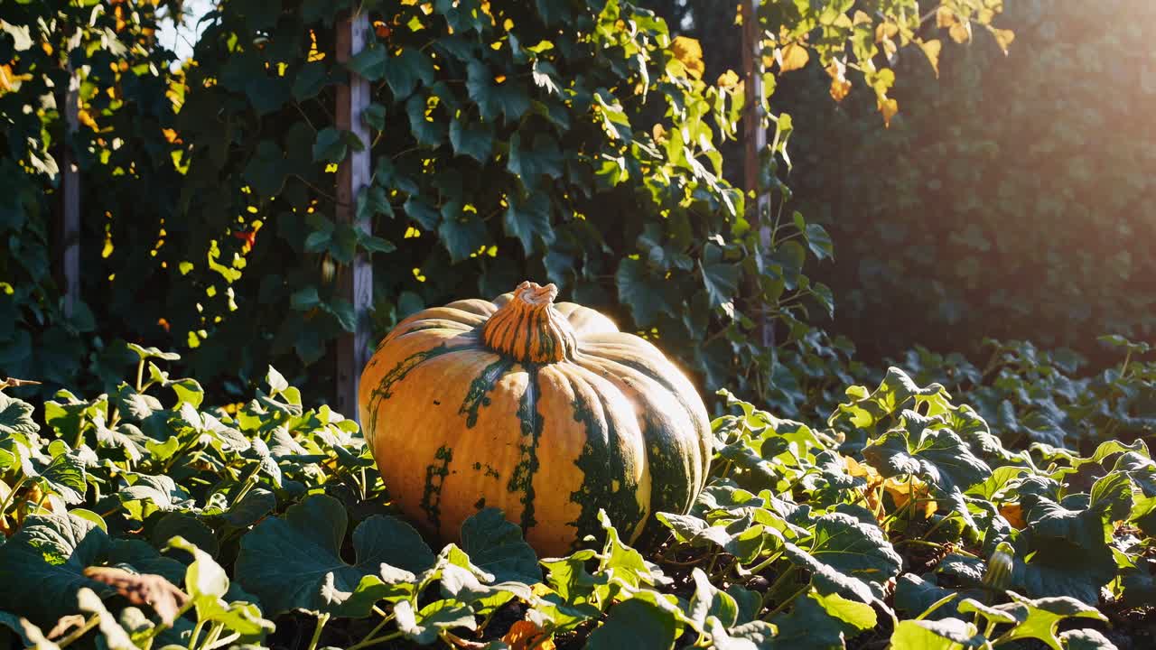 A vibrant pumpkin in a sunlit garden, captured at eye level