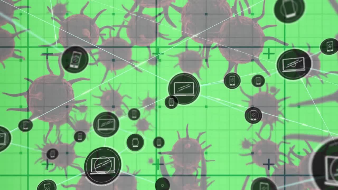 red de iconos digitales sobre red de rejilla contra múltiples células de covid-19 en fondo verde